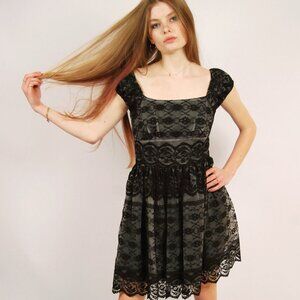 Y2K Anna Sui Mini Dress (6) black lacy vintage short sleeve formal homecoming